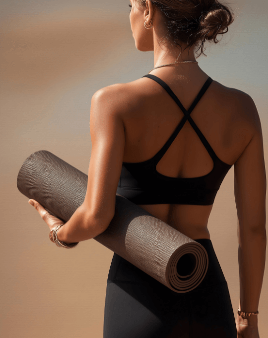 Junge Frau in Sportoutfit und Yogamatte.